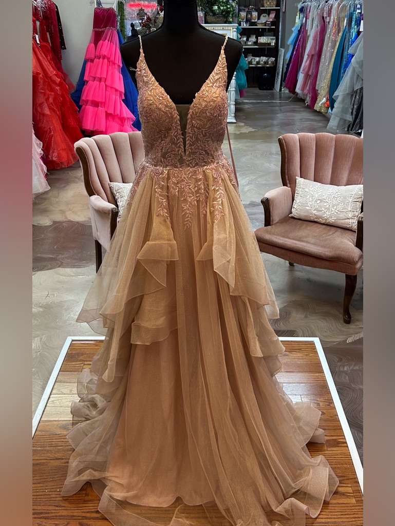 Romantic V-Neck Tulle Prom Gown In Blush